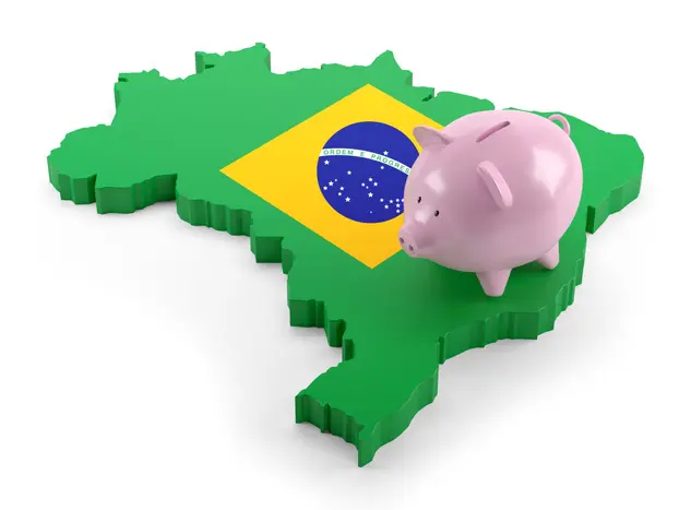 Brazil Flag Map on Piggy Bank. 3d illustration - Brazil Flag Map on Piggy Bank