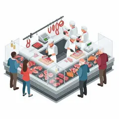 Etal de boucherie et clients