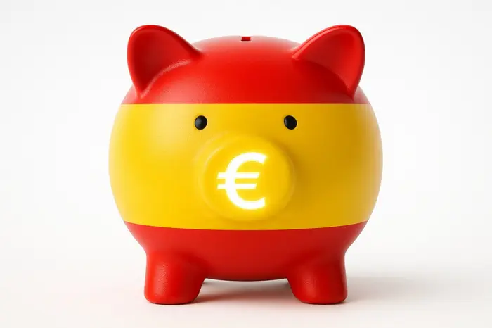 Piggy bank in Spanish flag colors with glowing euro symbol representing national savings, finance and European economy, isolated on white background -