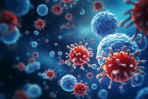 Close up macro details of red blue microbes molecules virus bacteria. Medicine concept