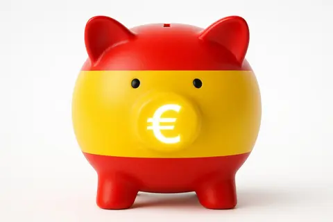 Piggy bank in Spanish flag colors with glowing euro symbol representing national savings, finance and European economy, isolated on white background -