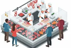 étal de boucherie et clients