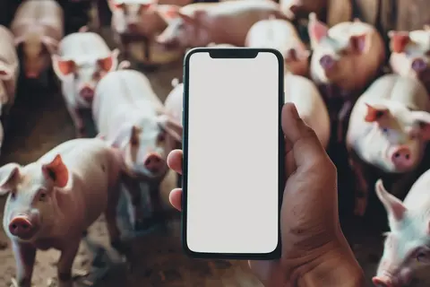 mockup phone copy space in hand with pig farm and piglets background. Veterinary program - mockup phone copy space in hand with pig farm piglets backg