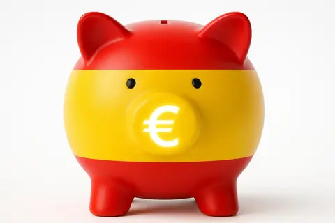 Piggy bank in Spanish flag colors with glowing euro symbol representing national savings, finance and European economy, isolated on white background -